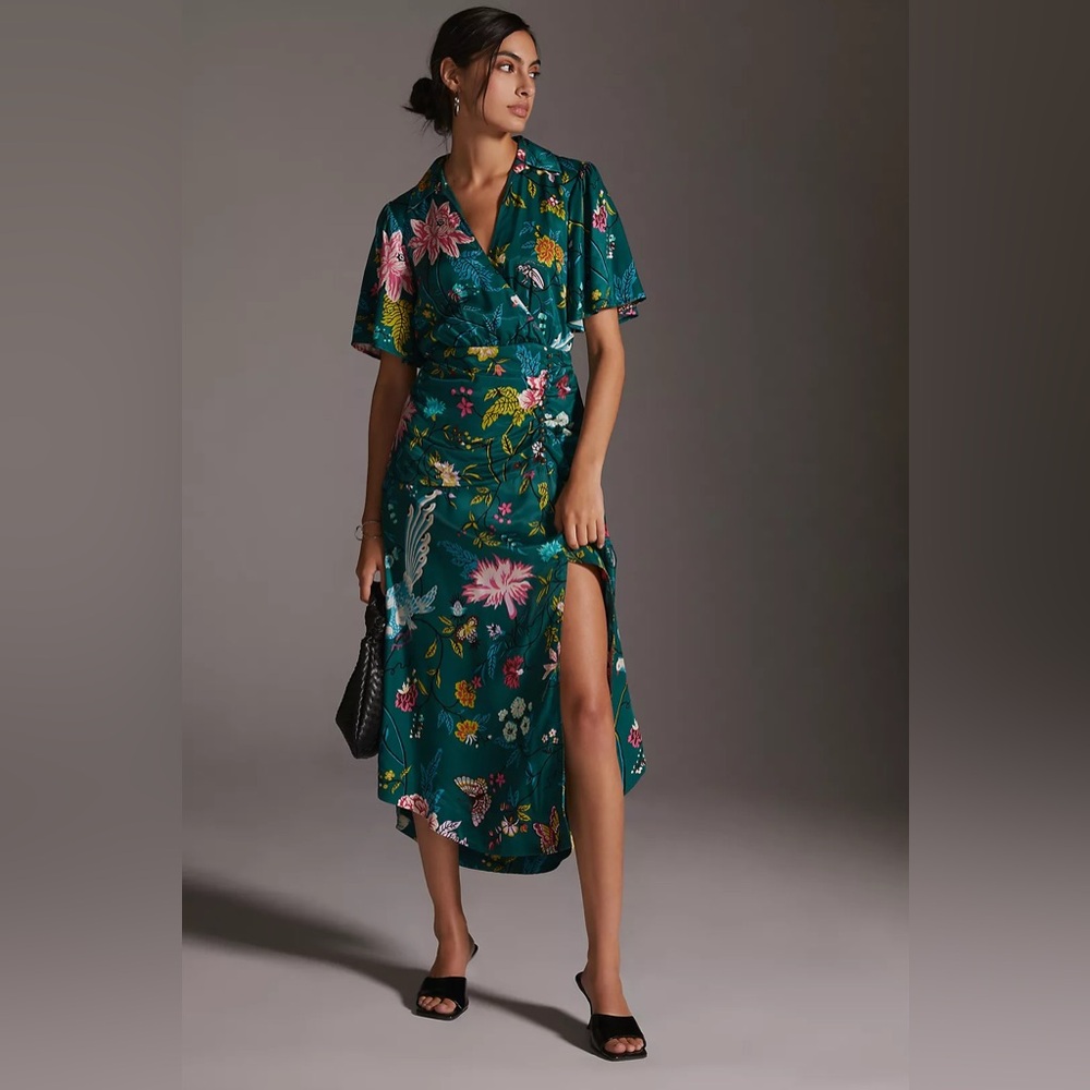 MAEVE Deep Teal Romantic Floral Bird Print Shirt Midi Dress | Size 4 - Picture 6 of 7